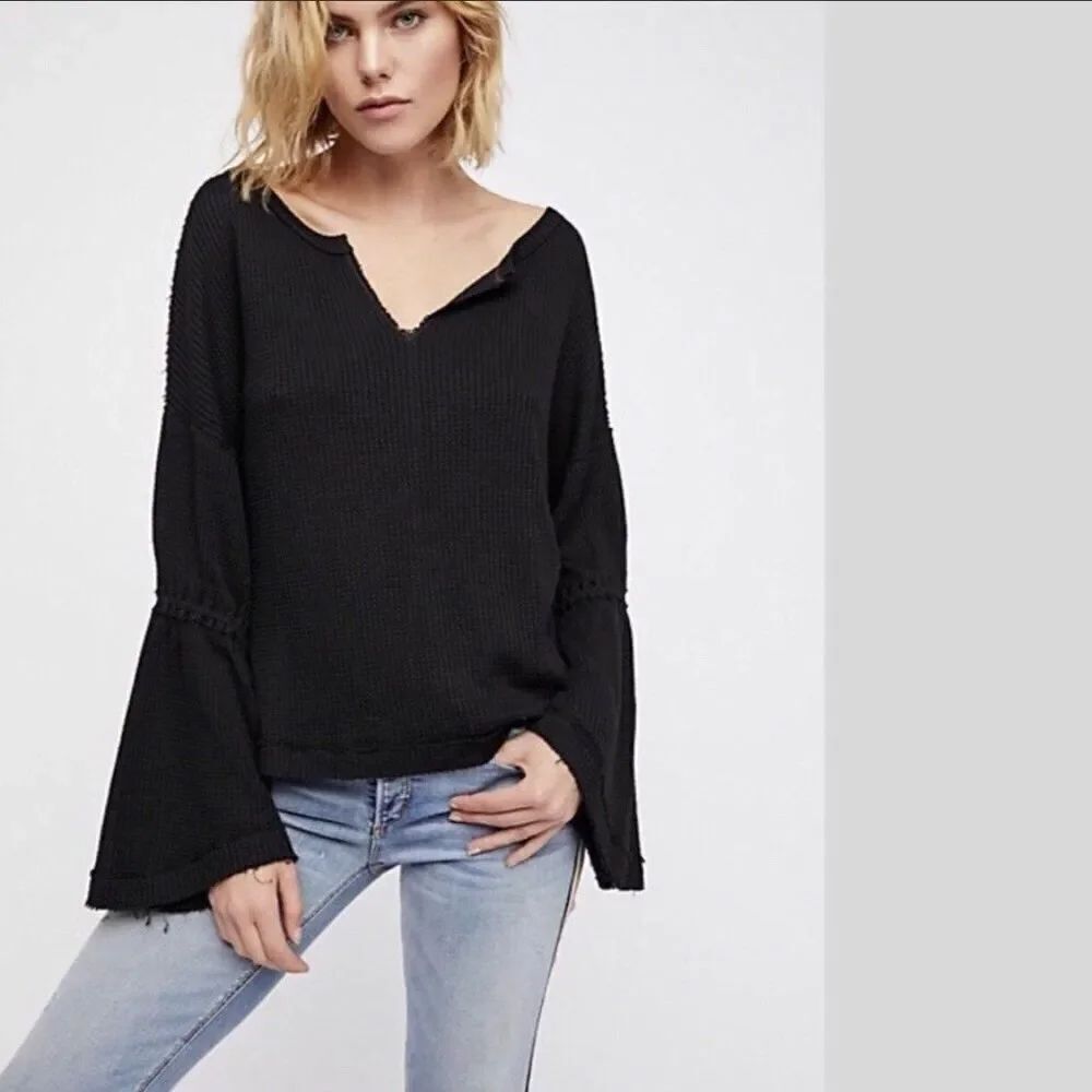 Free People Dahlia Black Thermal Long Sleeve Top